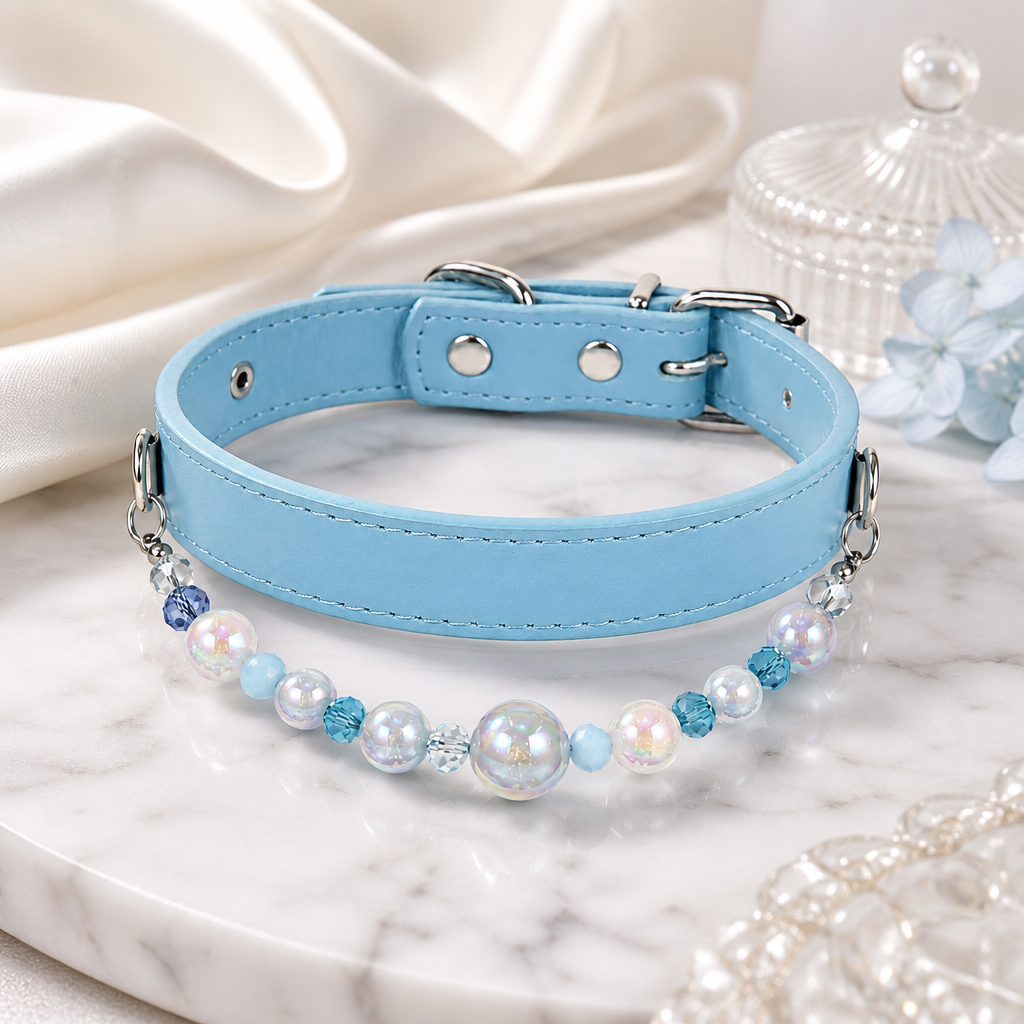Detachable Beaded Dog Collar - Sky Blue Microfiber PU Leather, Zinc Alloy Hardware, Adjustable M Size 26-34cm Neck, Decorative Pet Collar for Dogs