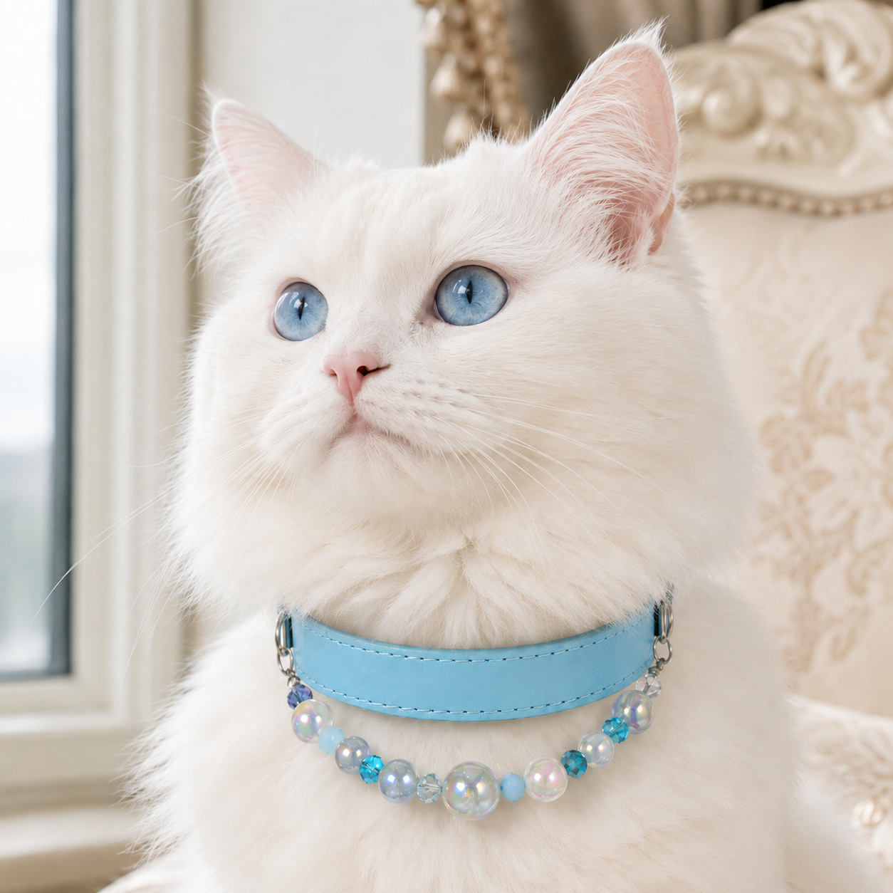 Detachable Beaded Dog Collar - Sky Blue Microfiber PU Leather, Zinc Alloy Hardware, Adjustable M Size 26-34cm Neck, Decorative Pet Collar for Dogs