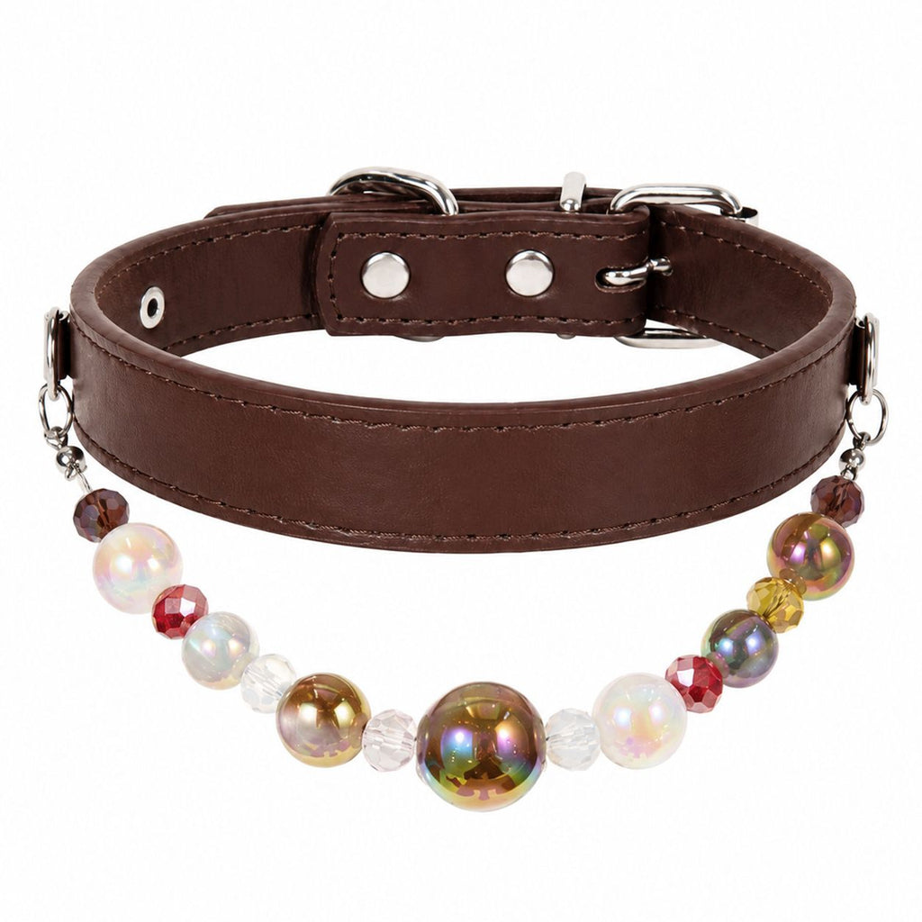 Detachable Beaded Dog Collar - Brown Microfiber PU Leather, Zinc Alloy Hardware, Adjustable XL Size 36-46cm Neck, 2.5cm Wide Decorative Pet Collar for Dogs