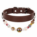 Detachable Beaded Dog Collar - Brown Microfiber PU Leather, Zinc Alloy Hardware, Adjustable XL Size 36-46cm Neck, 2.5cm Wide Decorative Pet Collar for Dogs