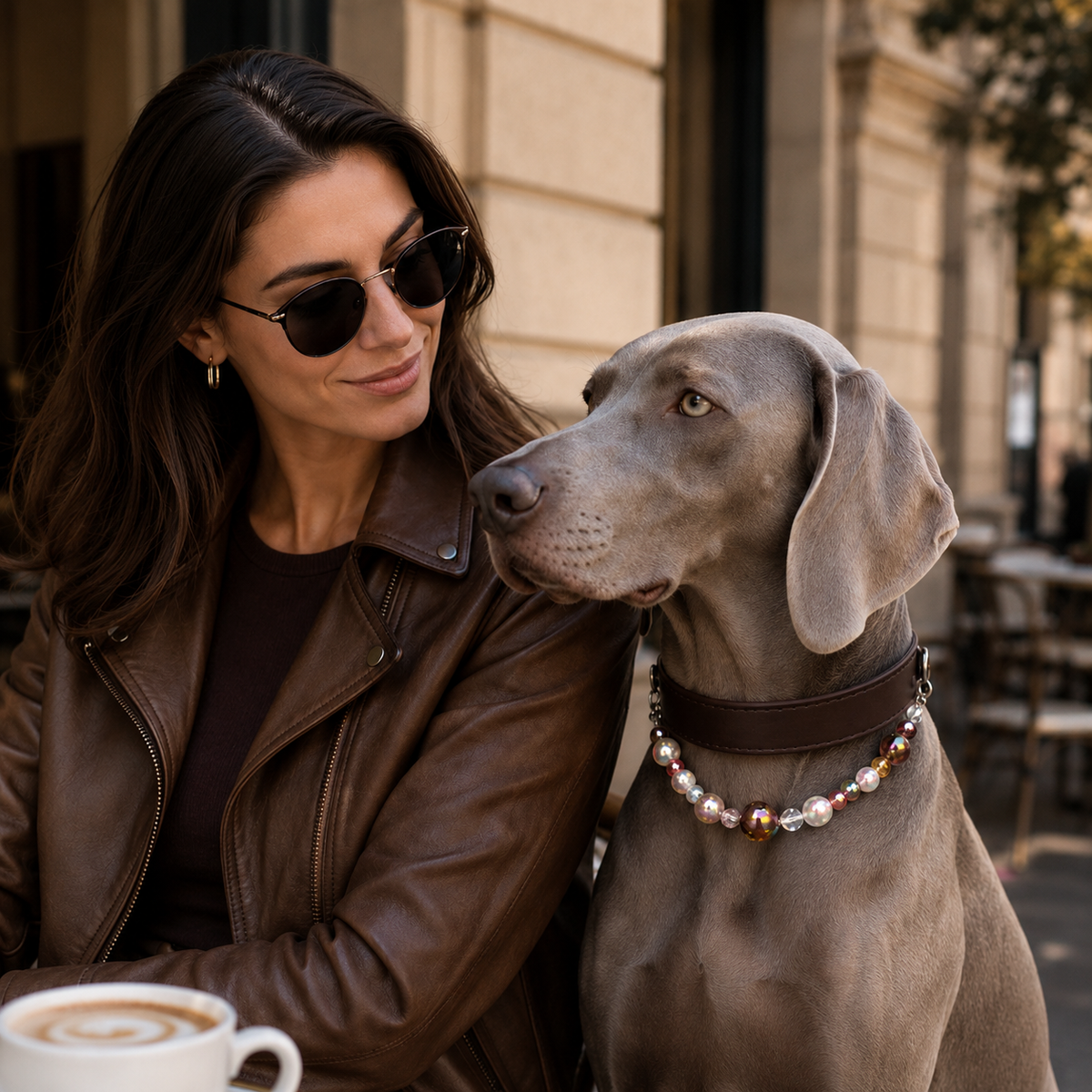 Detachable Beaded Dog Collar - Brown Microfiber PU Leather, Zinc Alloy Hardware, Adjustable XL Size 36-46cm Neck, 2.5cm Wide Decorative Pet Collar for Dogs