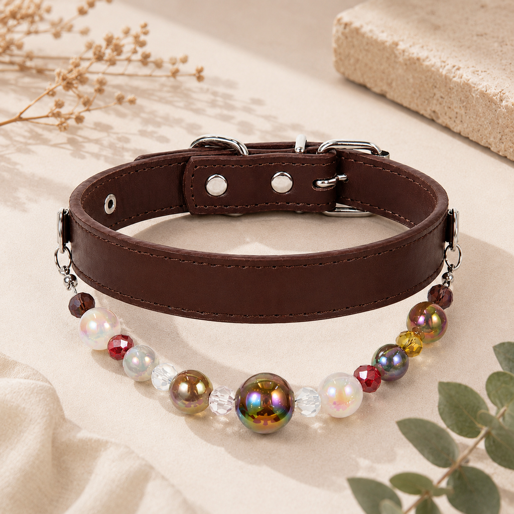 Detachable Beaded Dog Collar - Brown Microfiber PU Leather, Zinc Alloy Hardware, Adjustable XL Size 36-46cm Neck, 2.5cm Wide Decorative Pet Collar for Dogs