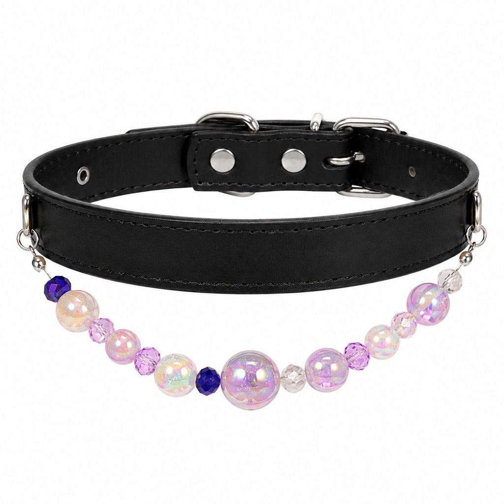 Detachable Beaded Dog Collar - Black Microfiber PU Leather, Zinc Alloy Hardware, Adjustable XL Size 36-46cm Neck, 2.5cm Wide Decorative Pet Collar for Dogs