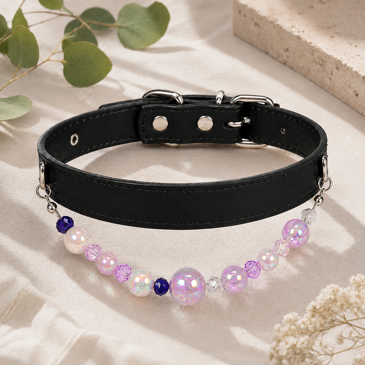 Detachable Beaded Dog Collar - Black Microfiber PU Leather, Zinc Alloy Hardware, Adjustable XL Size 36-46cm Neck, 2.5cm Wide Decorative Pet Collar for Dogs